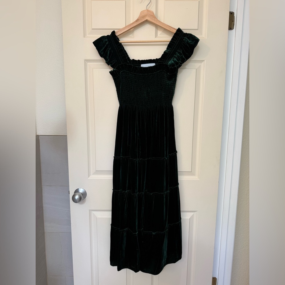 Hill House Home Dark Green Velvet Ellie Dress with Ruffle Straps